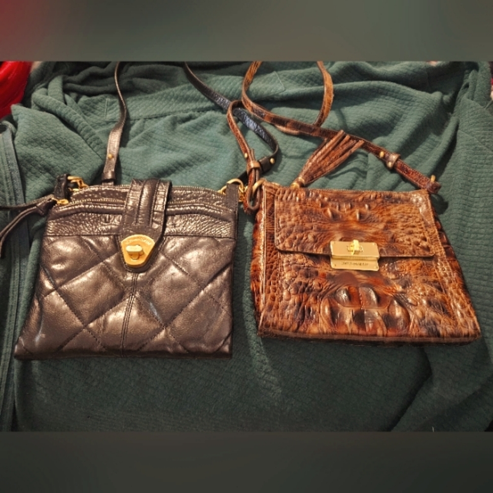 2 Brahmin Cross body, purses. 1 brown leather.  1 black leather refined.
